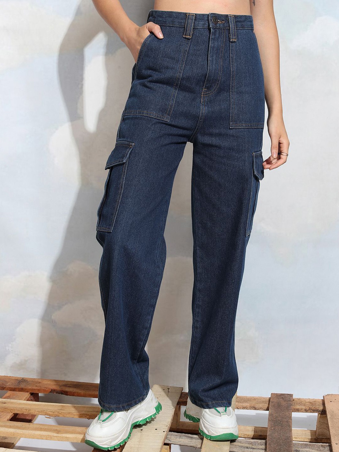 

Tokyo Talkies Women Straight Fit High-Rise Stretchable Cargo Jeans, Blue