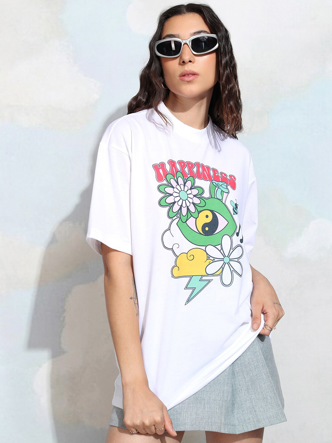 

Tokyo Talkies Women Printed V-Neck Drop-Shoulder Sleeves Applique T-shirt, White