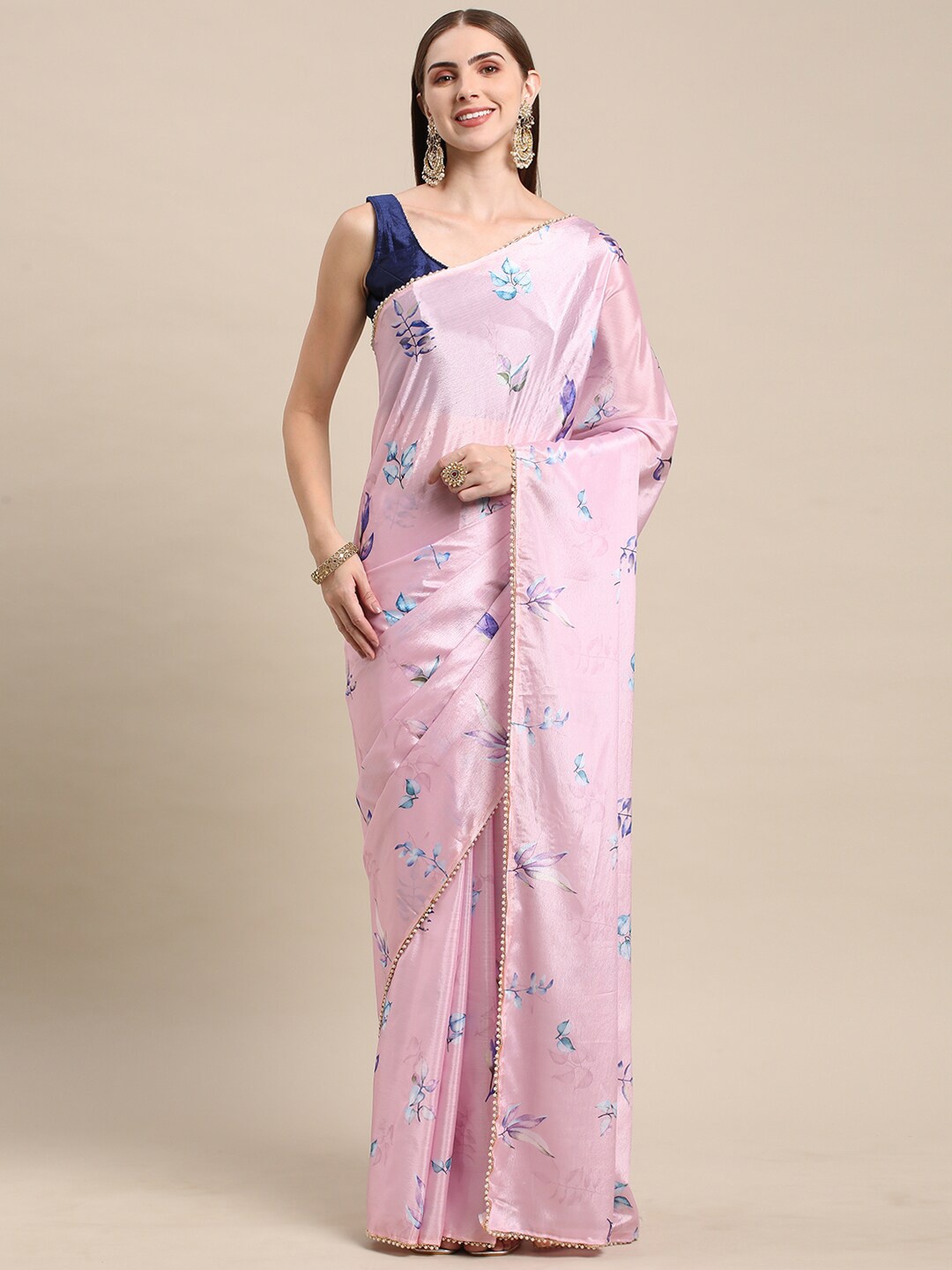 

BAPS Floral Beads and Stones Pure Chiffon Saree, Pink