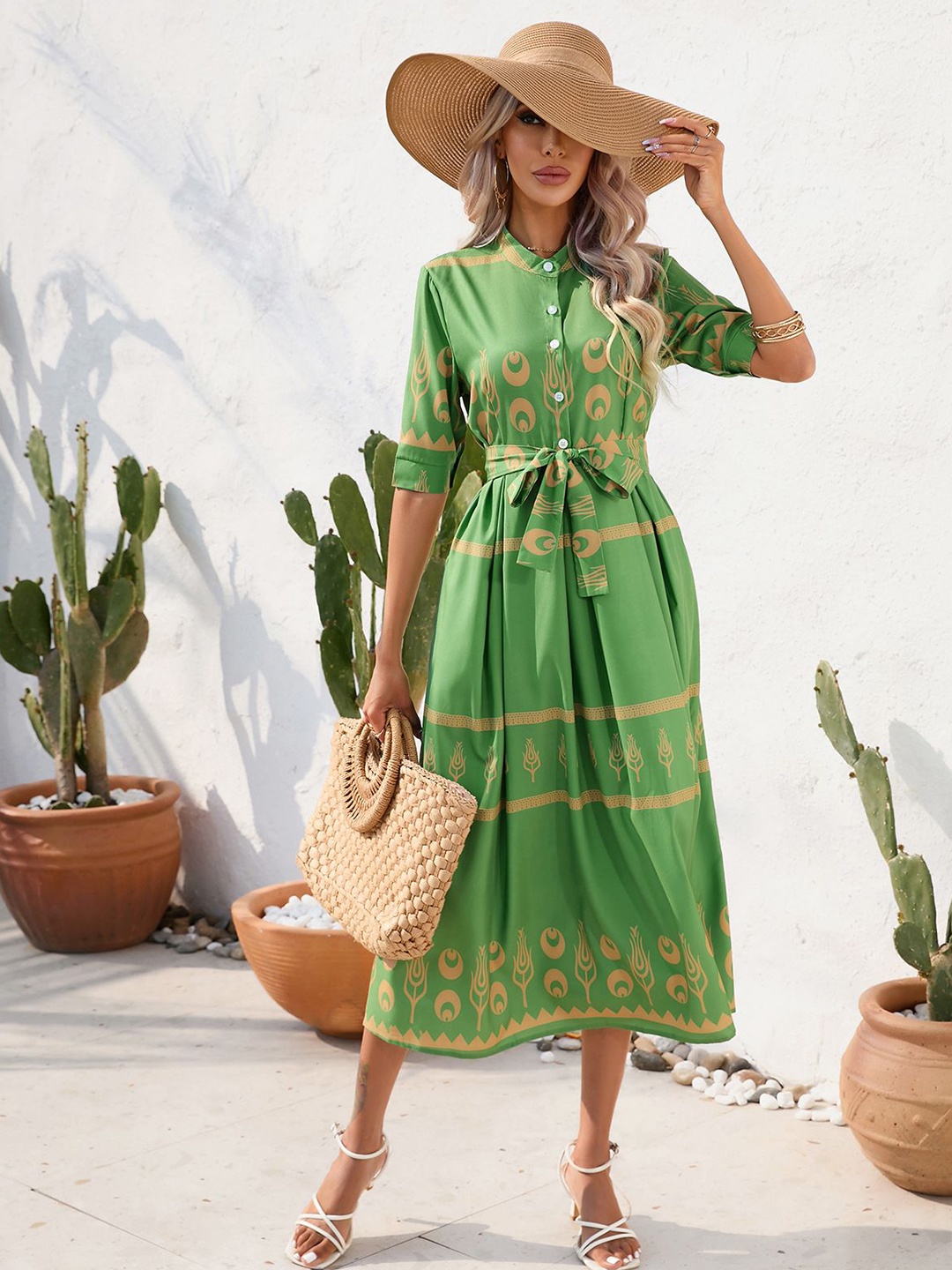 

StyleCast Women Geometric Printed Mandarin Collar A-Line Midi Dress, Green