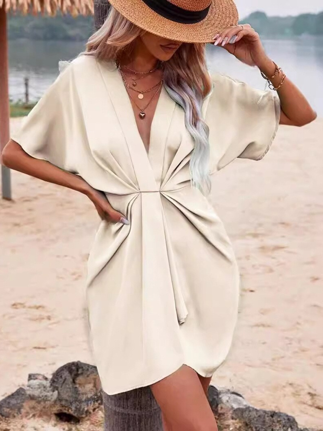 

StyleCast Women Solid Extended Sleeves Kaftan Above Knee Dress, Cream