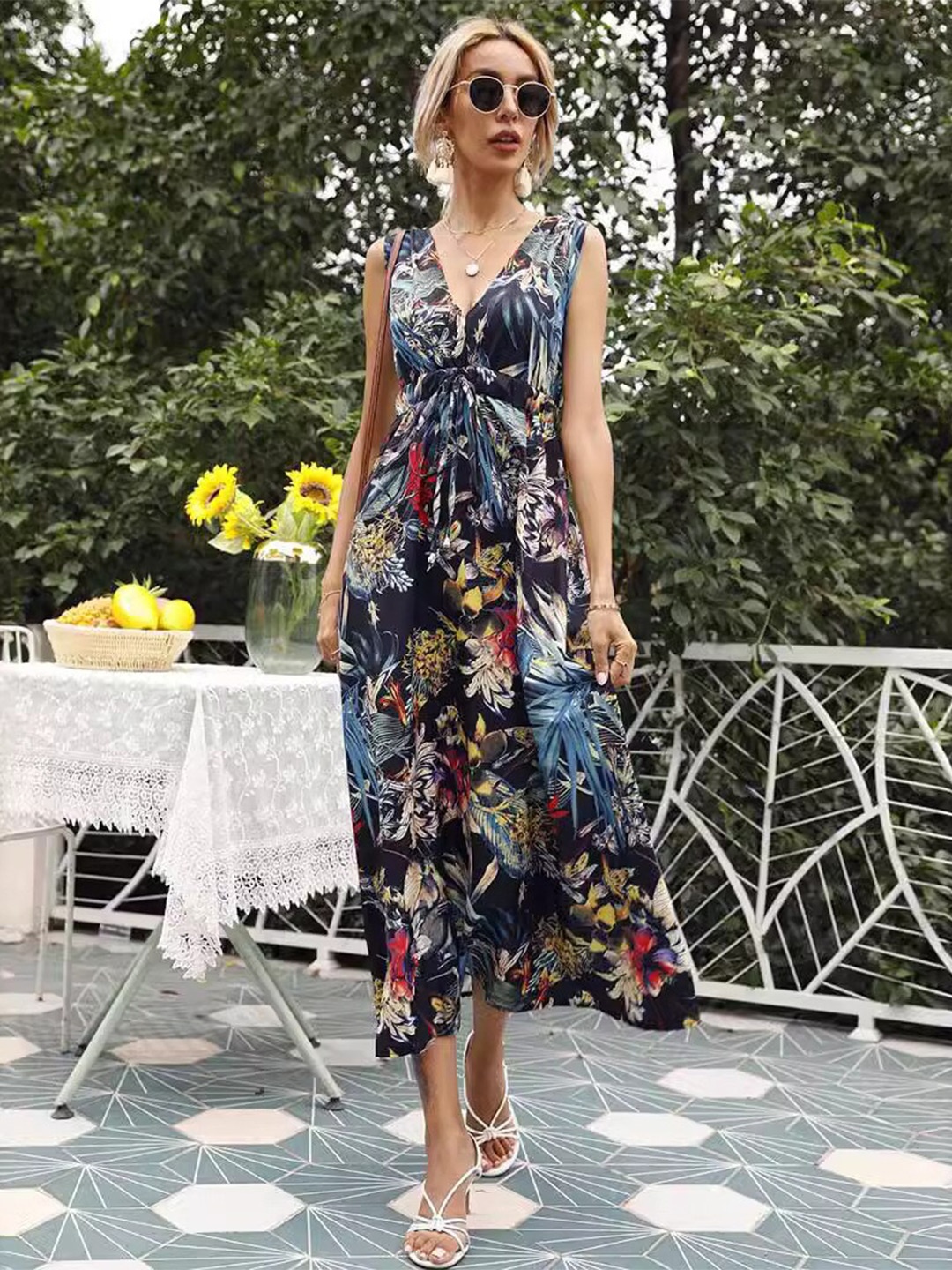 

StyleCast Navy Blue Floral Printed Tie-Ups Midi Fit & Flare Dress