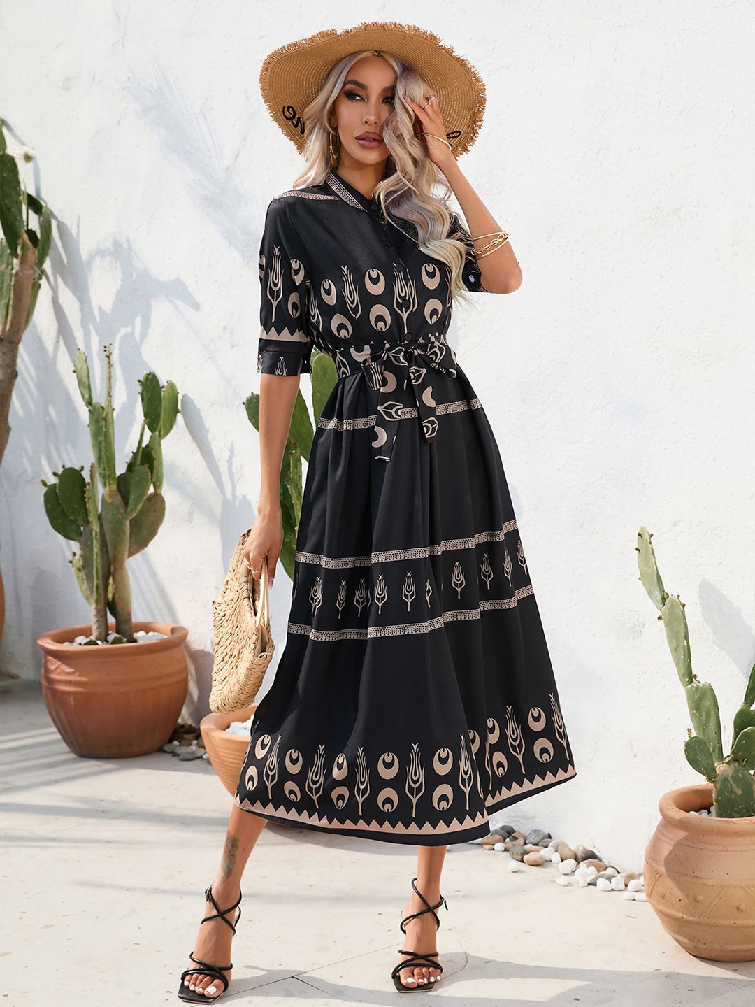 

StyleCast Black Ethnic Motifs Printed Band Collar Tie-Ups Midi A-Line Dress