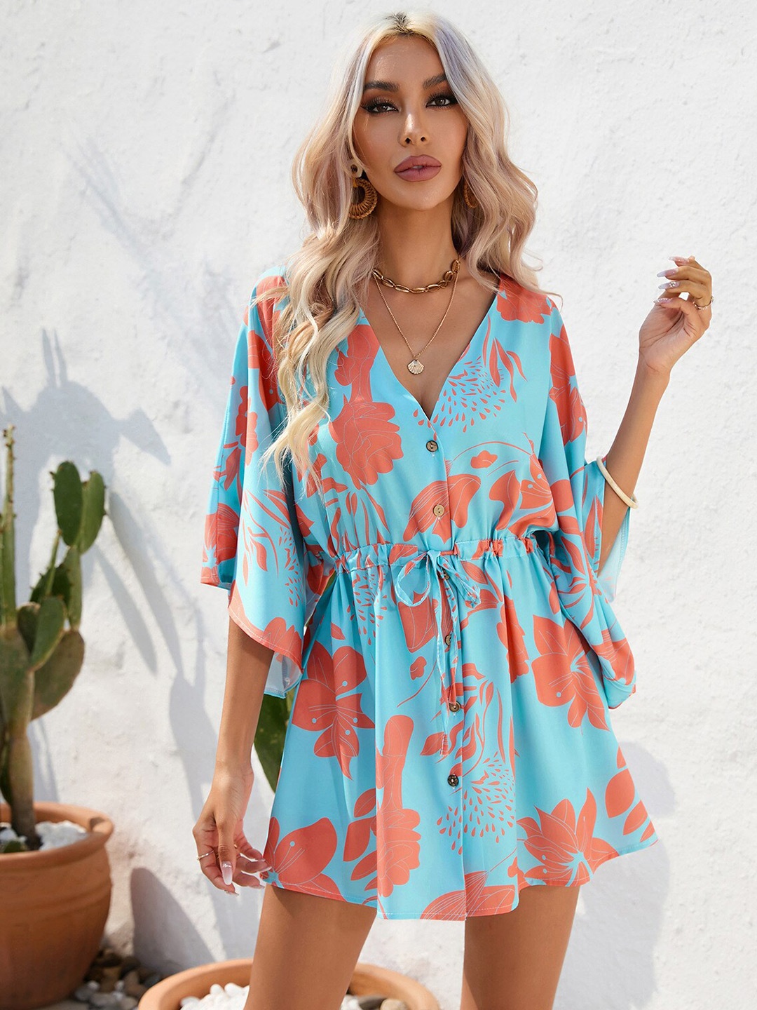 

StyleCast Women Floral Printed V-Neck Flared Sleeve Fit & Flare Mini Dress, Blue