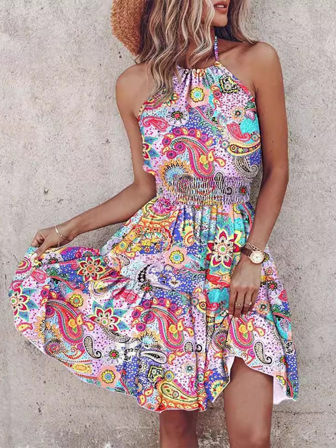 

StyleCast Women Abstract Printed Halter Neck Fit & Flare Knee Length Dress, Blue