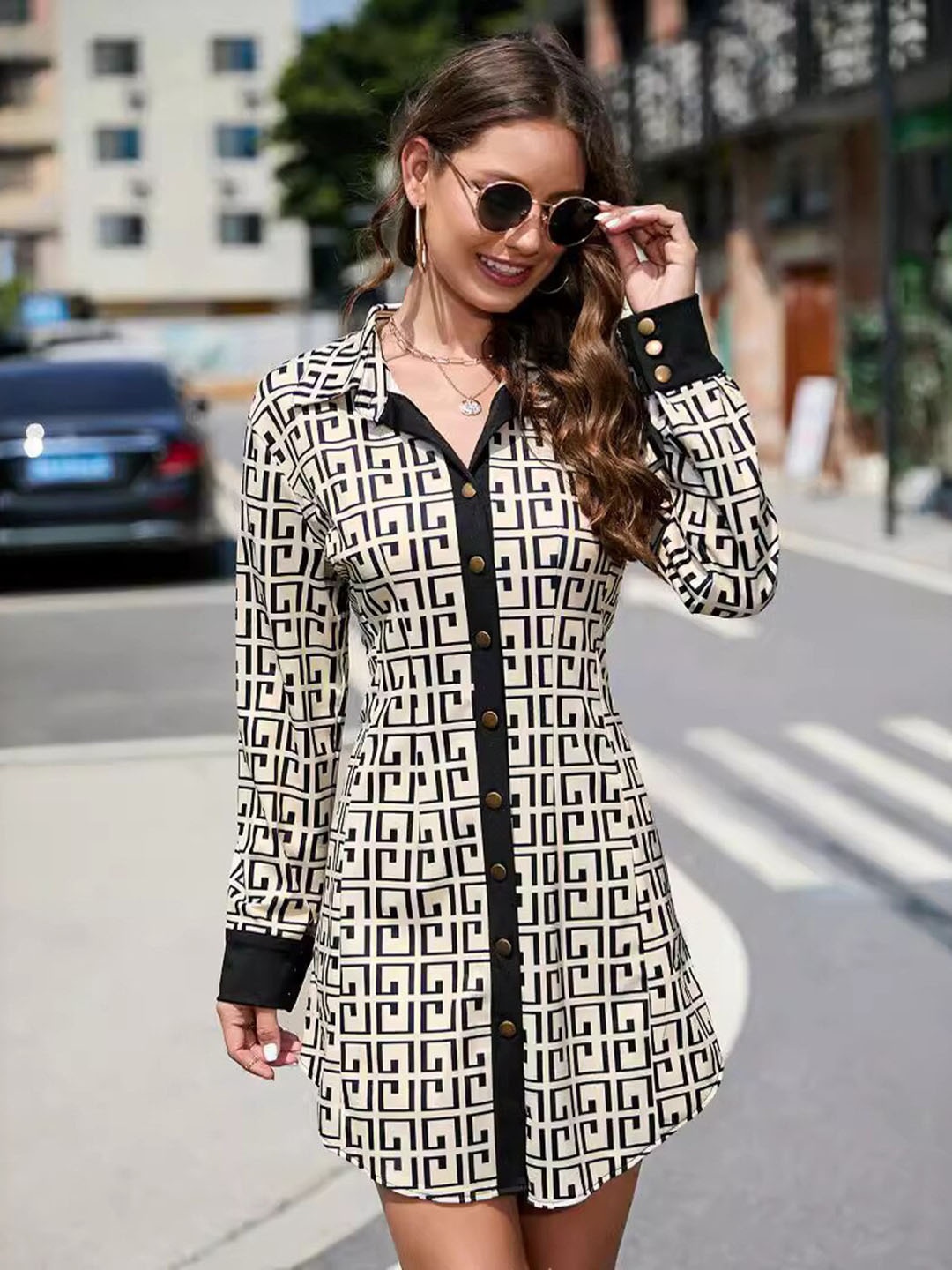 

StyleCast Cream Coloured Geometric Printed Cuffed Sleeves Mini Shirt Dress