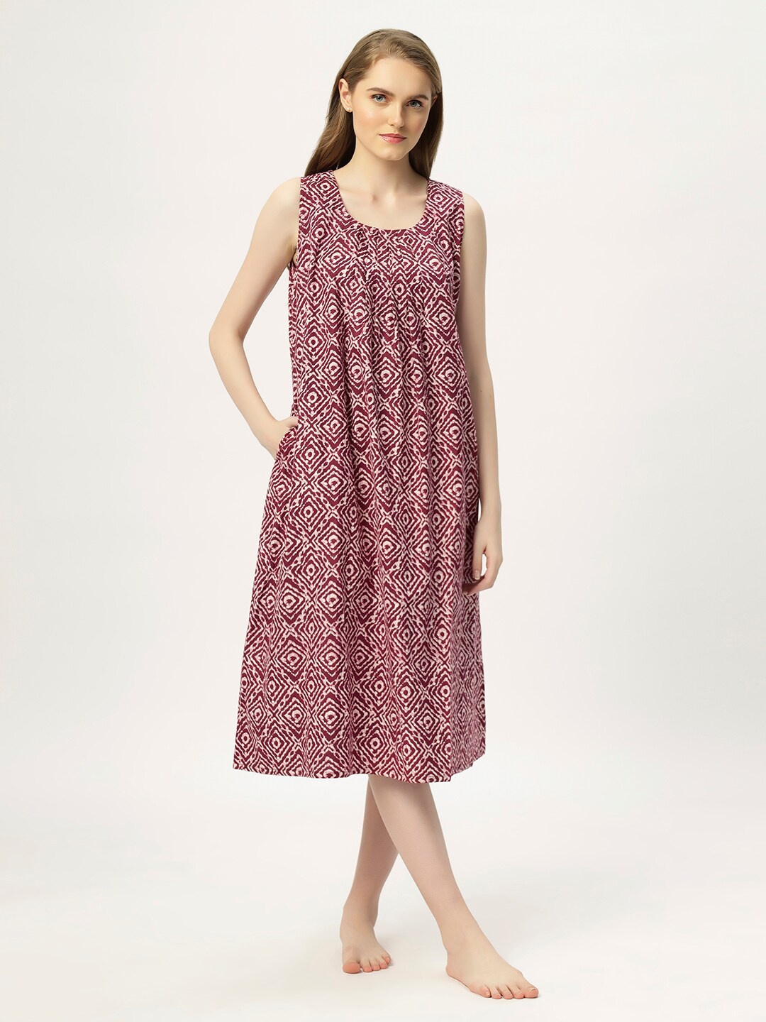 

ETC Pure Cotton Printed Nightdress, Maroon