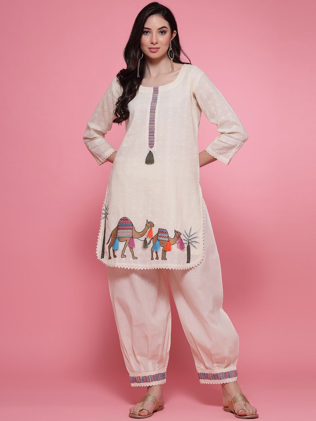 

Clora Creation Embroidered Pure Cotton Tunic With Afghani Trouser Co-Ords, Off white