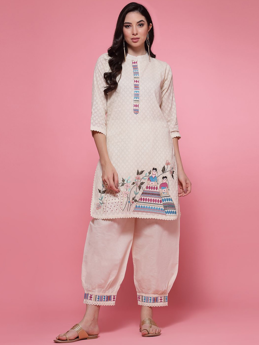 

Clora Creation Ethnic Motifs Printed Thread Work Pure Cotton Kurta With Salwar, Off white