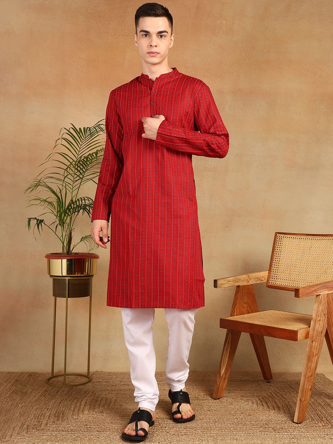 

Anouk Striped Woven Design Mandarin Collar Straight Kurta, Red