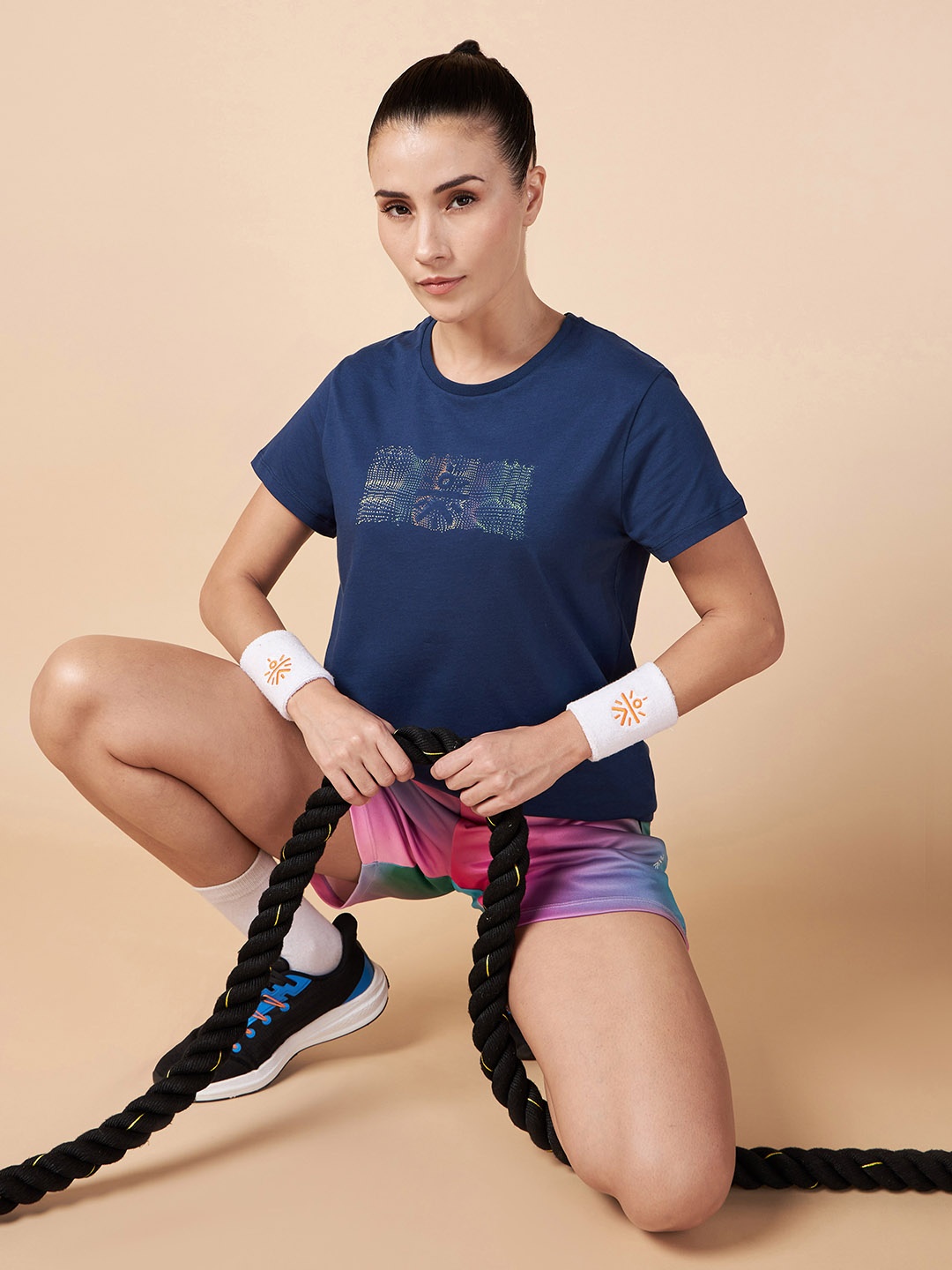 

CULT Women Printed Pure Cotton Round Neck Tshirt, Navy blue