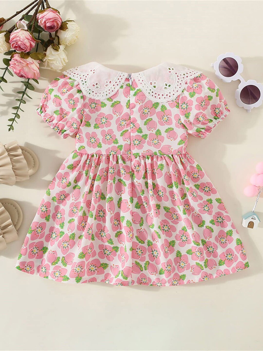 

Bold N Elegant Girls Floral Printed Crepe Fit & Flare Dress With Bag, White