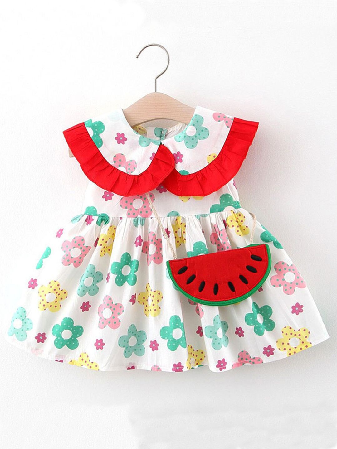 

Bold N Elegant Girls Floral Printed Cotton Peter Pan Collar Fit & Flare Dress With Purse, White