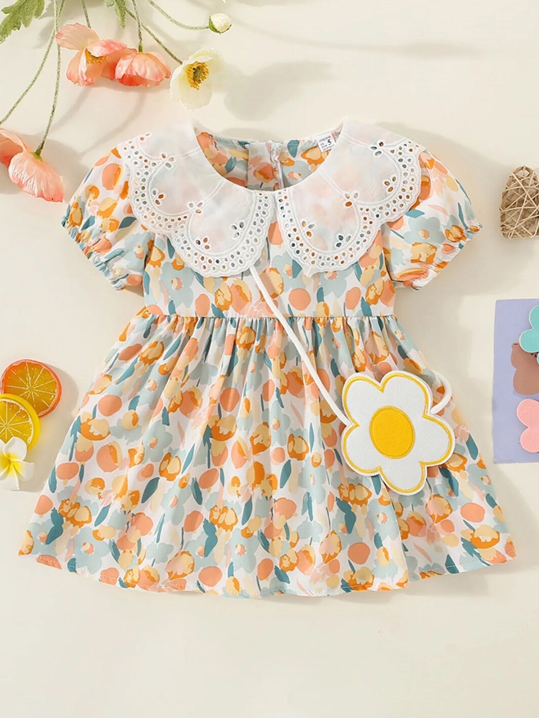 

Bold N Elegant Girls Conversational Printed Crepe Fit & Flare Dress With Bag, Yellow