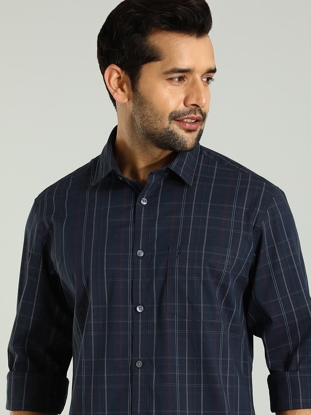 

Indian Terrain Spread Collar Long Sleeves Classic Slim Fit Cotton Checked Casual Shirt, Blue