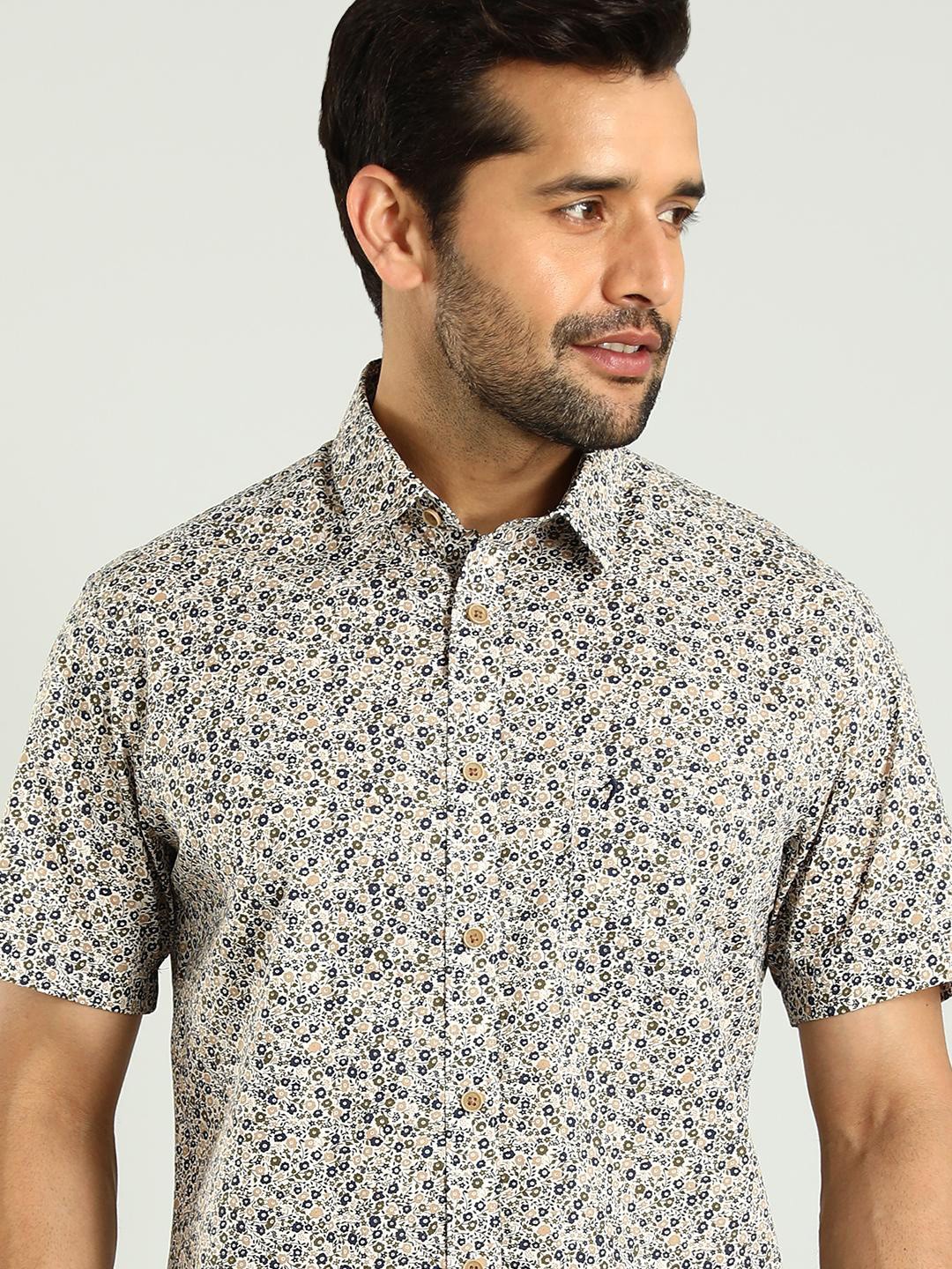

Indian Terrain Classic Slim Fit Floral Opaque Printed Cotton Casual Shirt, White