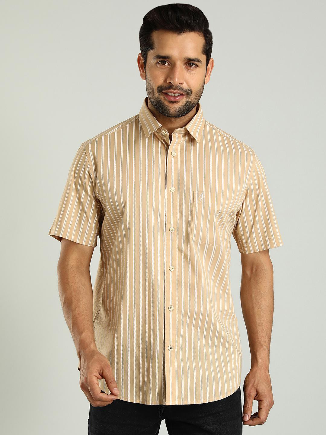 

Indian Terrain Classic Slim Fit Opaque Striped Cotton Casual Shirt, Brown