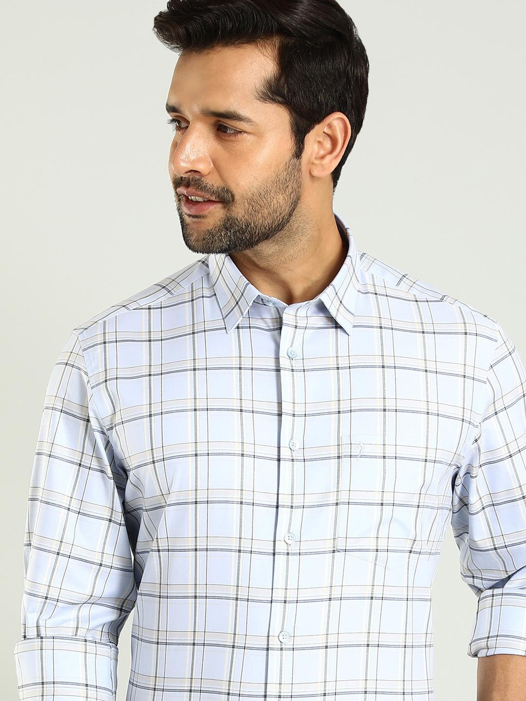 

Indian Terrain Slim Fit Windowpane Checked Spread Collar Long Sleeves Cotton Casual Shirt, Blue