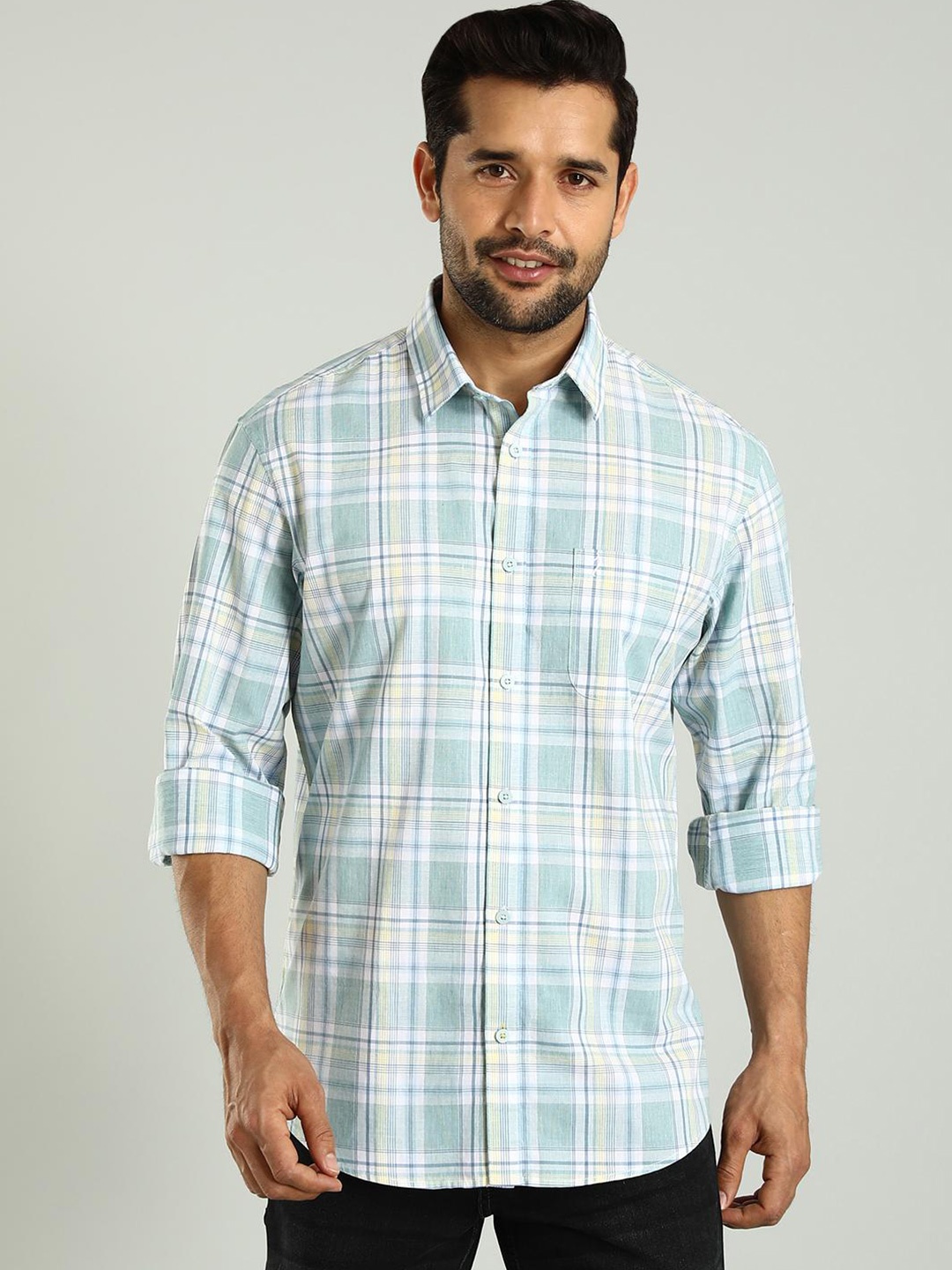 

Indian Terrain Tartan Checked Classic Slim Fit Cotton Opaque Casual Shirt, Green