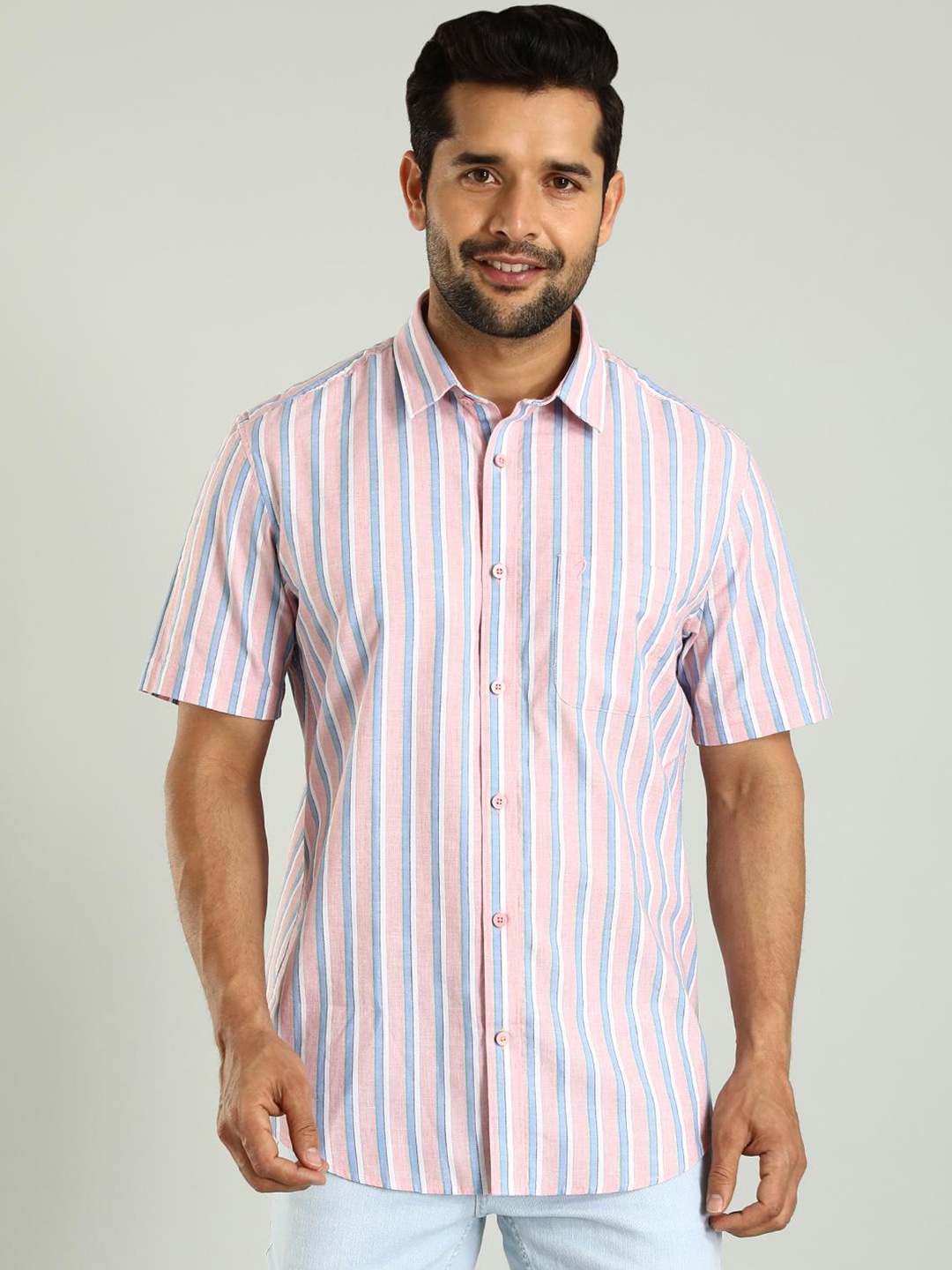 

Indian Terrain Slim Fit Striped Spread Collar Short Sleeves Cotton Casual Shirt, Orange