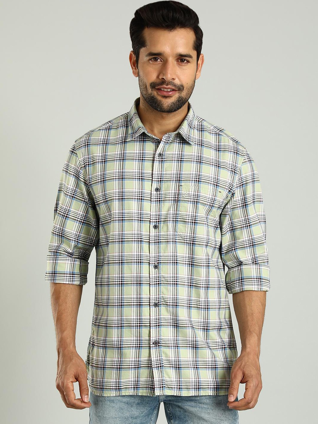 

Indian Terrain Classic Slim Fit Opaque Checked Cotton Casual Shirt, Green