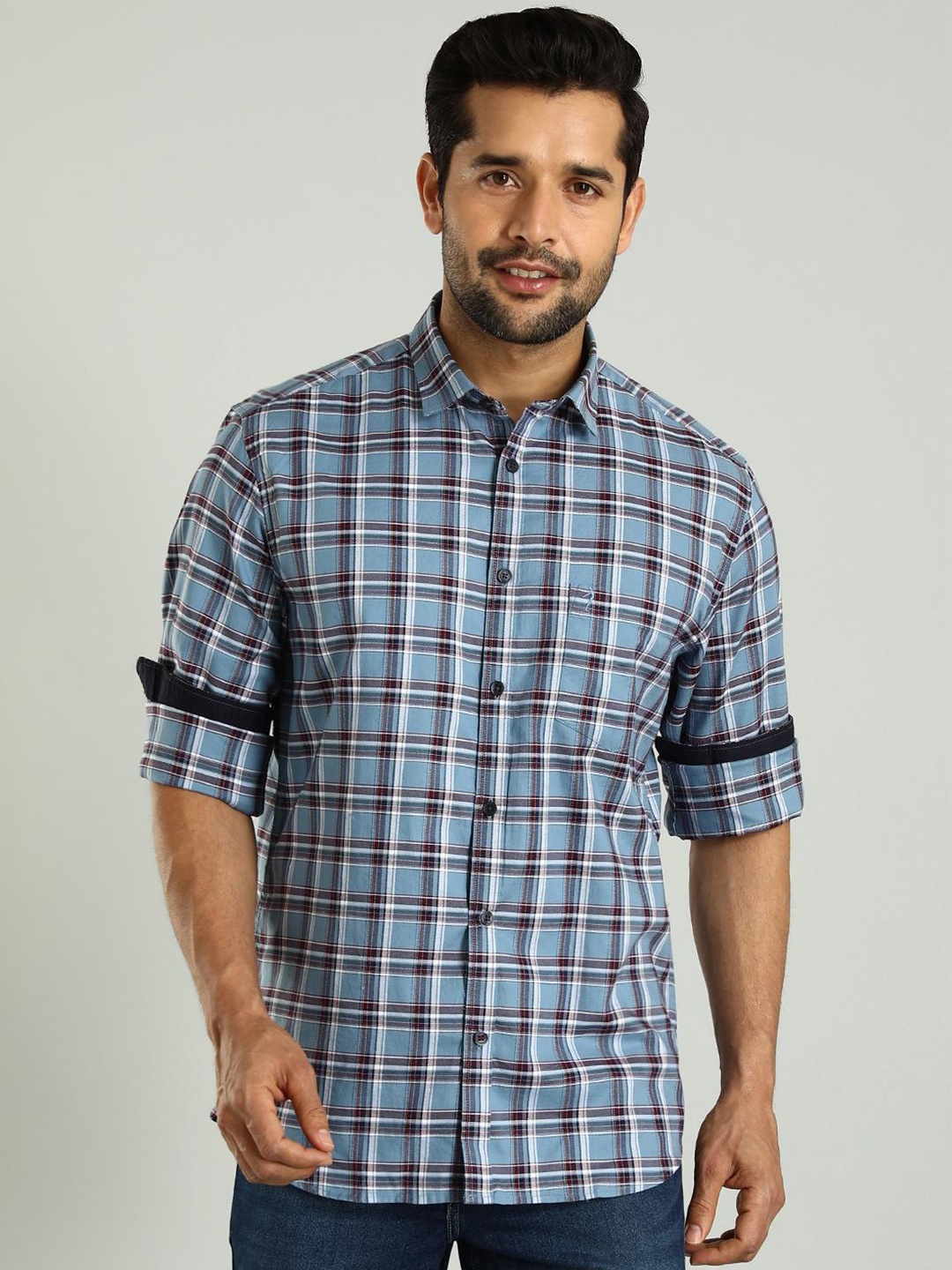 

Indian Terrain Classic Slim Fit Checked Pure Cotton Casual Shirt, Blue