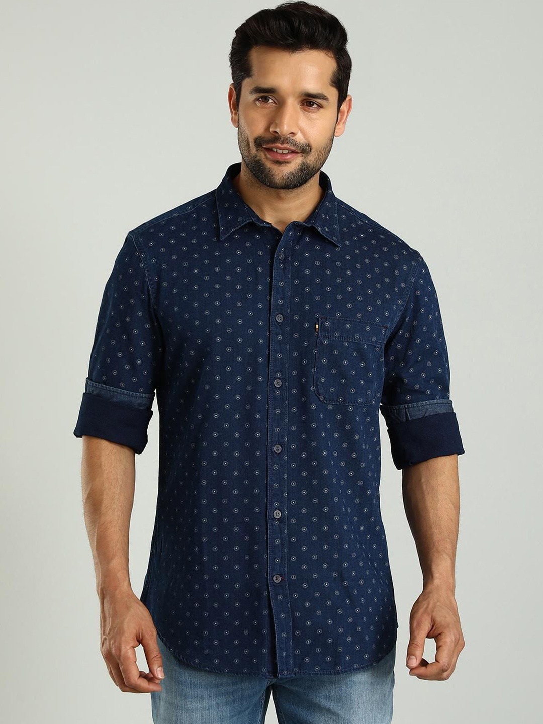 

Indian Terrain Classic Slim Fit Micro Ditsy Printed Spread Collar Cotton Shirt, Blue