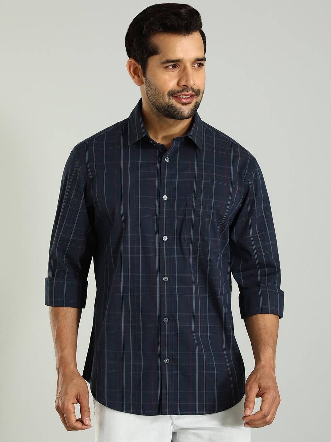 

Indian Terrain Checked Spread Collar Classic Slim Fit Casual Shirt, Blue