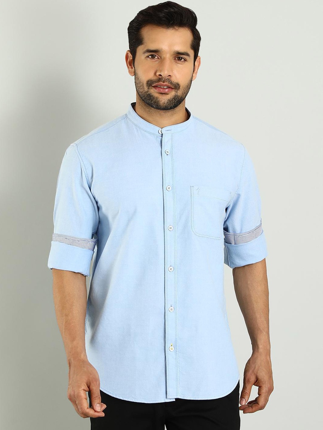 

Indian Terrain Classic Mandarin Collar Slim Fit Cotton Casual Shirt, Blue