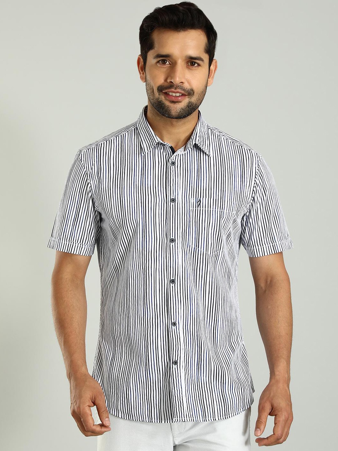 

Indian Terrain Classic Slim Fit Opaque Striped Cotton Casual Shirt, Blue