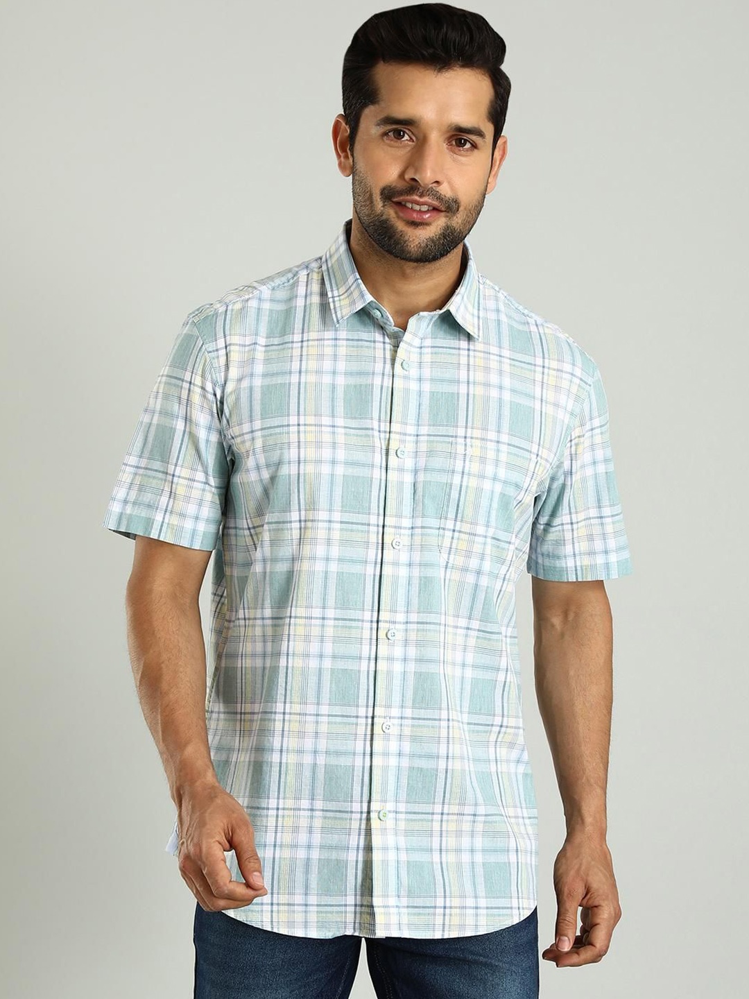 

Indian Terrain Classic Slim Fit Tartan Checks Pure Cotton Casual Shirt, Green