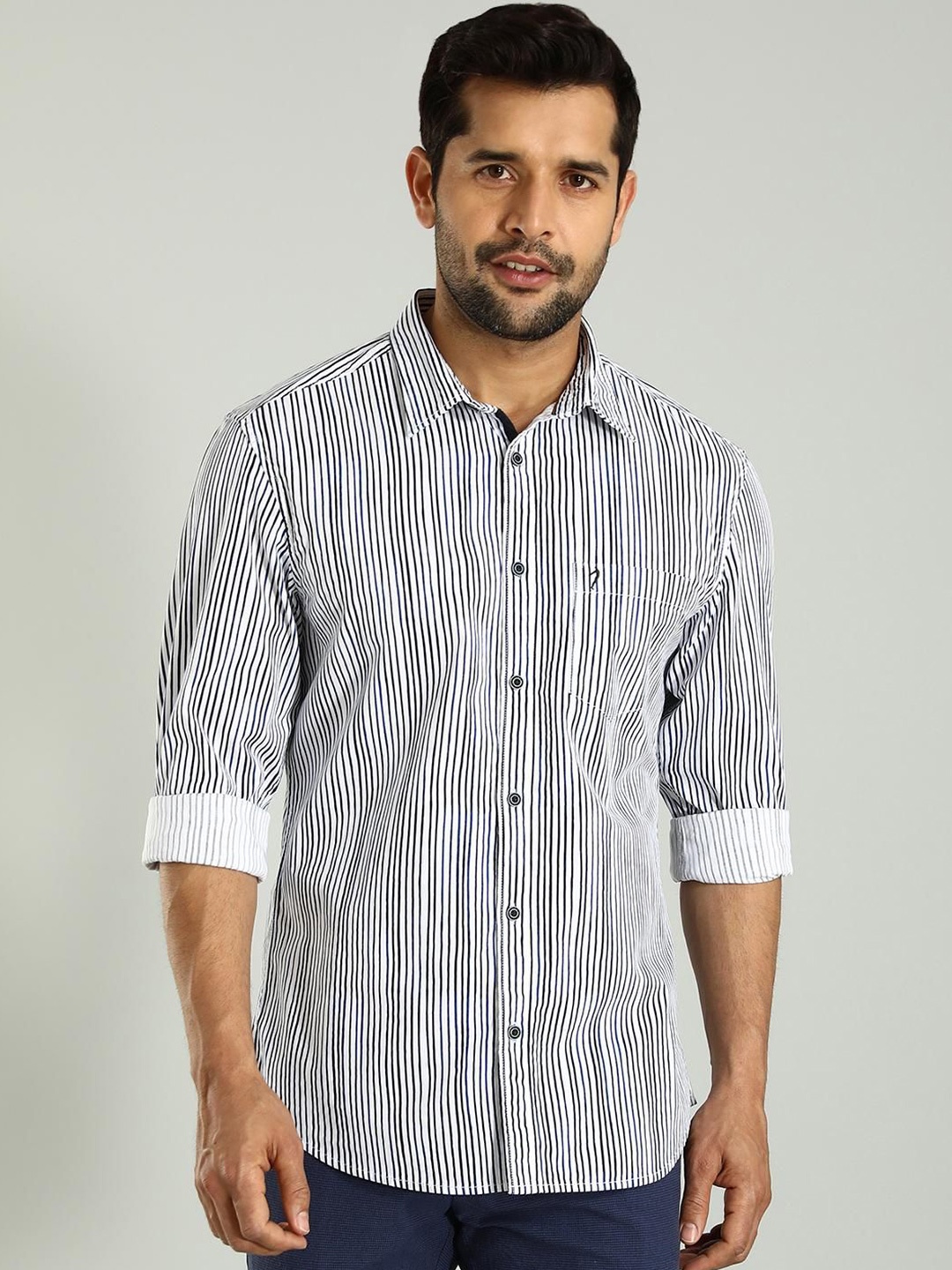 

Indian Terrain Classic Slim Fit Opaque Striped Cotton Casual Shirt, Blue