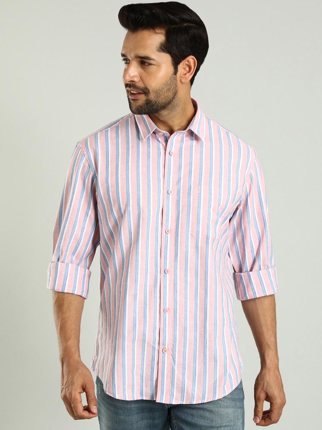 

Indian Terrain Classic Slim Fit Opaque Striped Cotton Casual Shirt, Pink