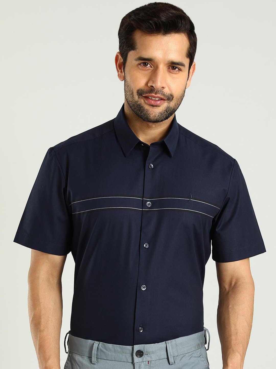 

Indian Terrain Classic Slim Fit Horizontal Striped Cotton Casual Shirt, Blue