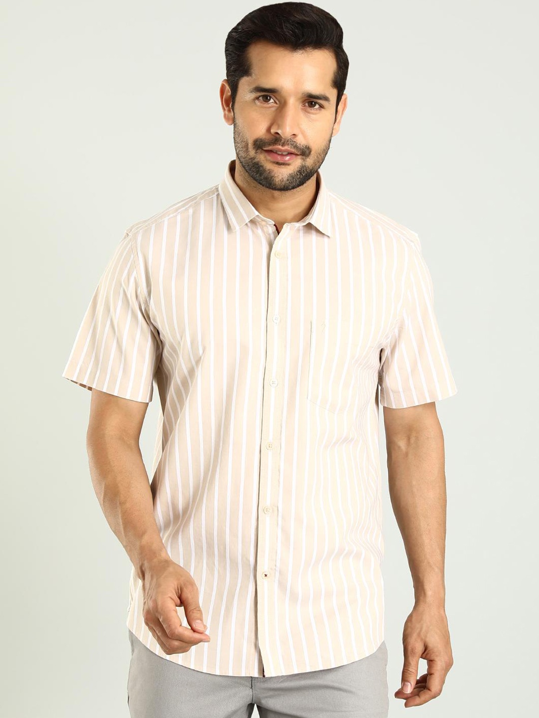 

Indian Terrain Classic Spread Collar Slim Fit Striped Cotton Casual Shirt, Pink