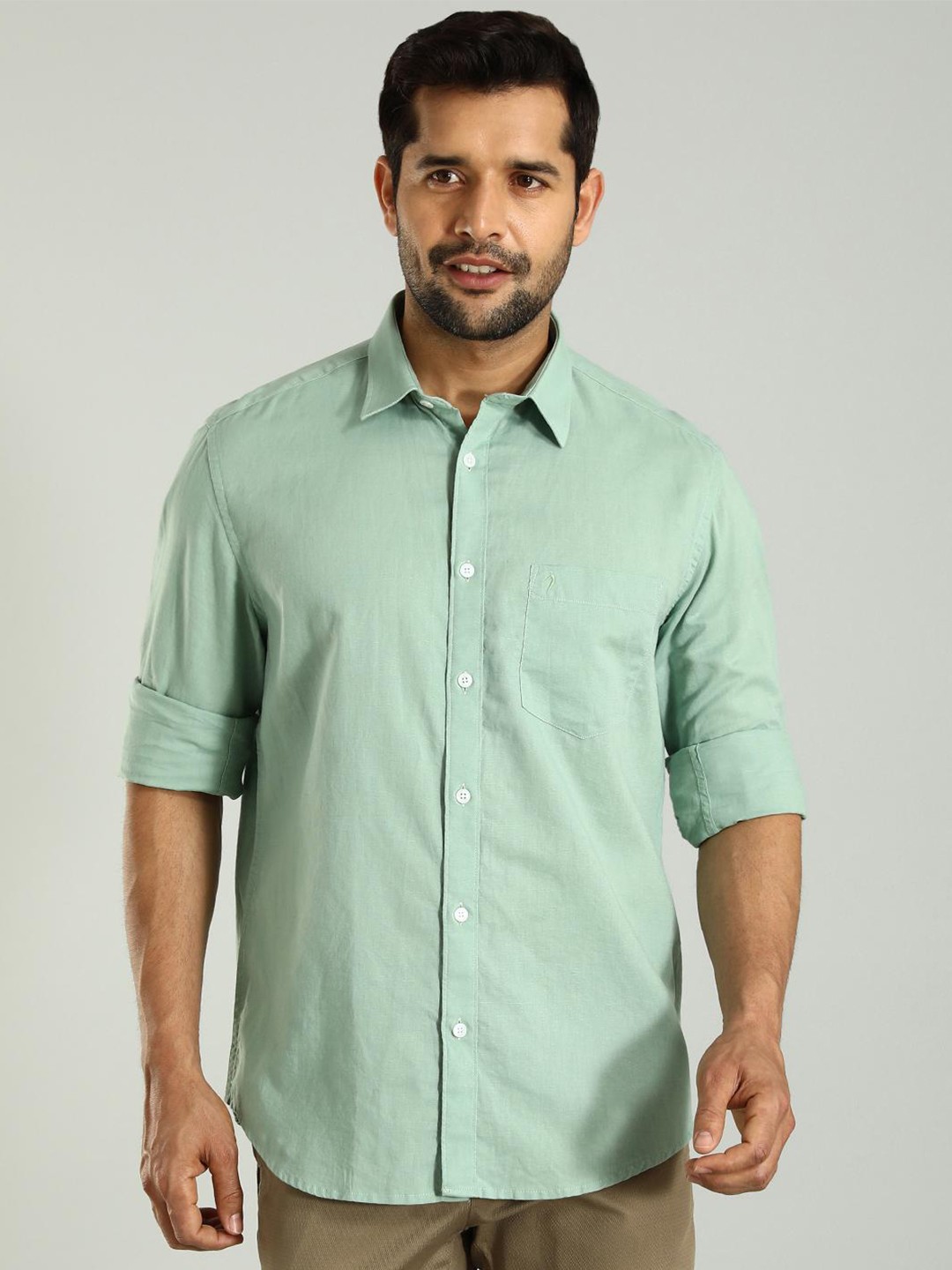 

Indian Terrain Classic Slim Fit Cotton Linen Casual Shirt, Green