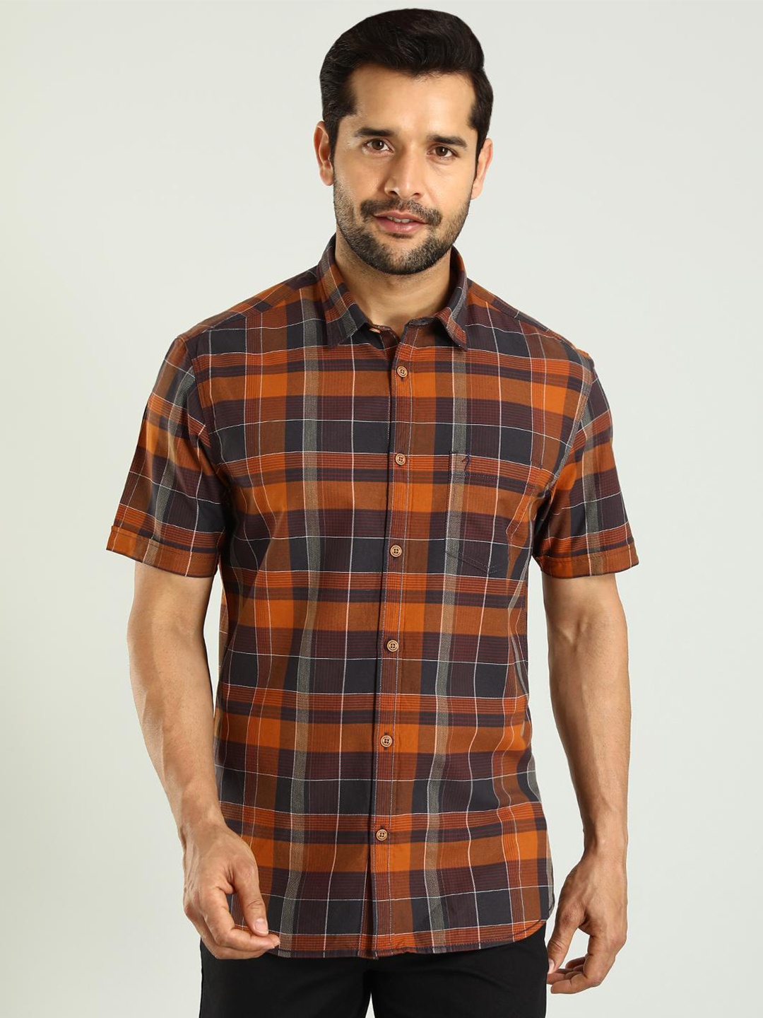 

Indian Terrain Classic Slim Fit Checked Spread Collar Cotton Shirt, Brown