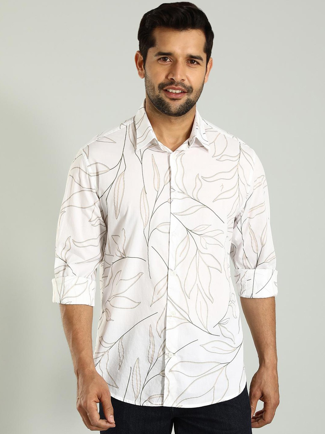 

Indian Terrain Classic Spread Collar Slim Fit Printed Cotton Casual Shirt, White