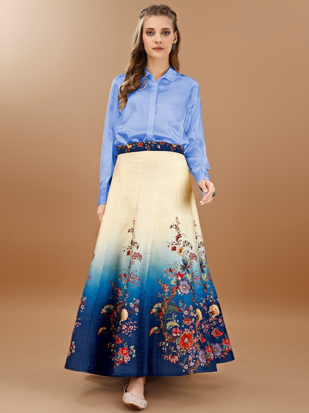 

SAPTRANGI Floral Printed Flared Maxi Skirt, Blue