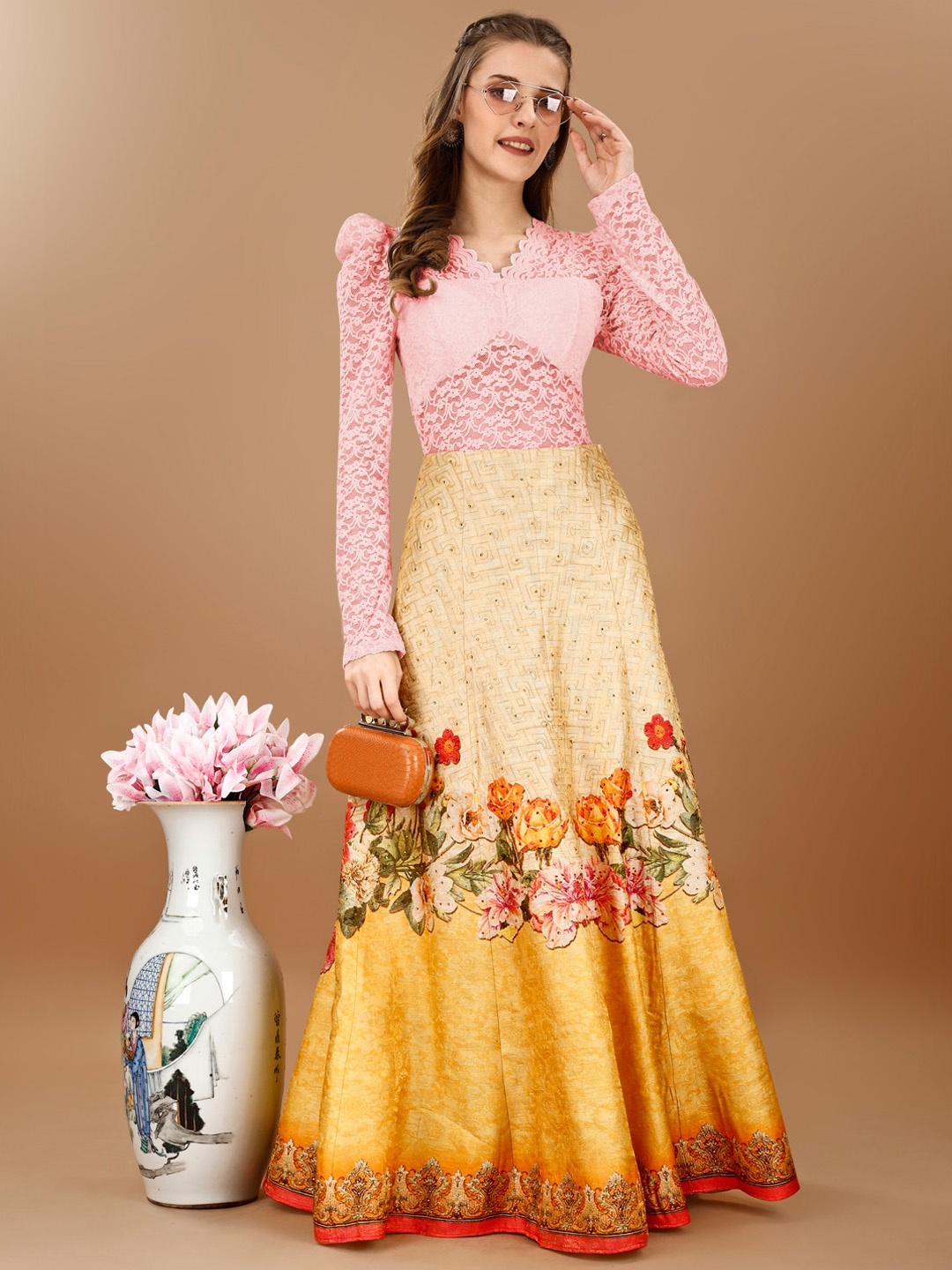 

SAPTRANGI Floral Print Maxi Skirts, Yellow