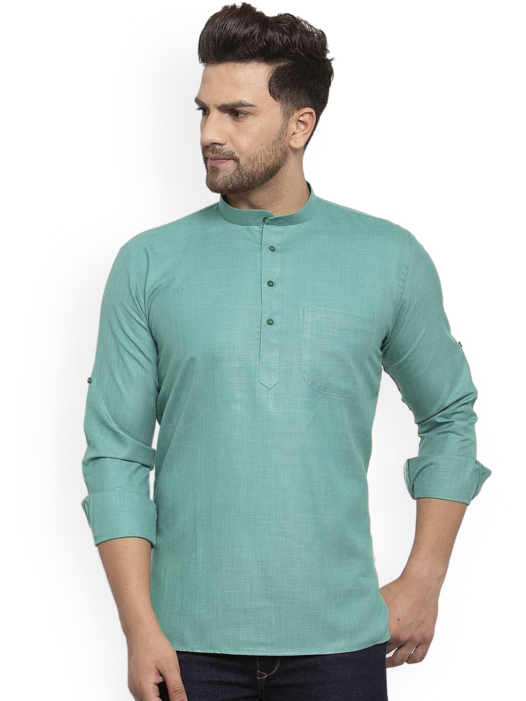 

KRAFT INDIA Mandarin Collar Roll-Up Sleeves Straight Kurta, Sea green