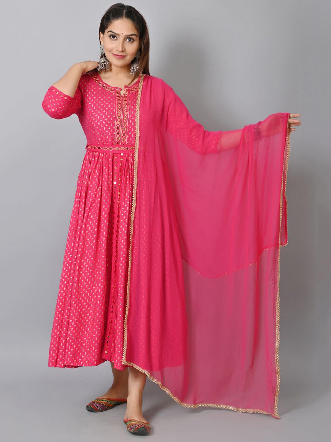 

P3D CREATION Printed Fit & Flared Maxi Ethnic Dresses With Dupatta, Peach