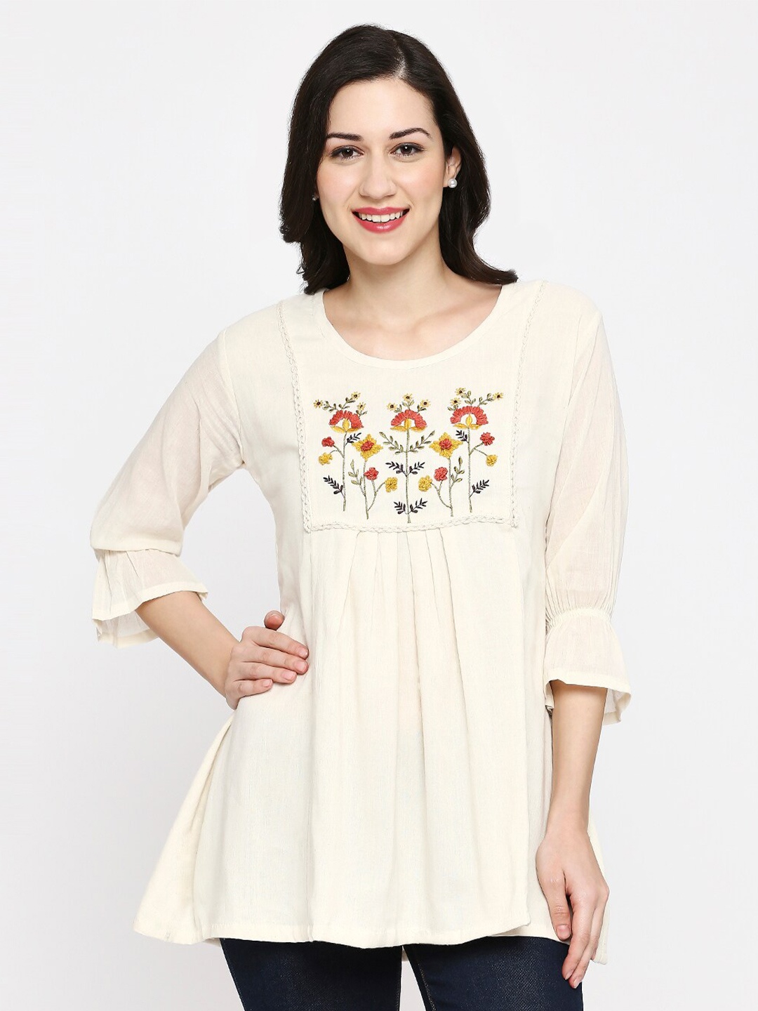 

KALINI Floral Embroidered Cotton Longline Top, White