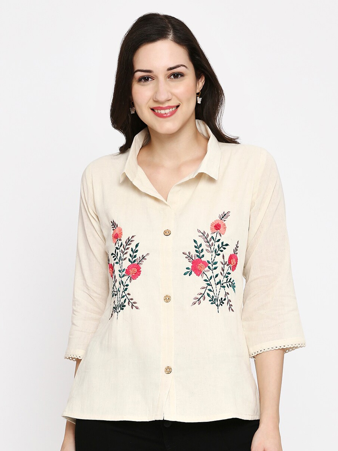 

KALINI Floral Embroidered Cotton Shirt Style Top, White