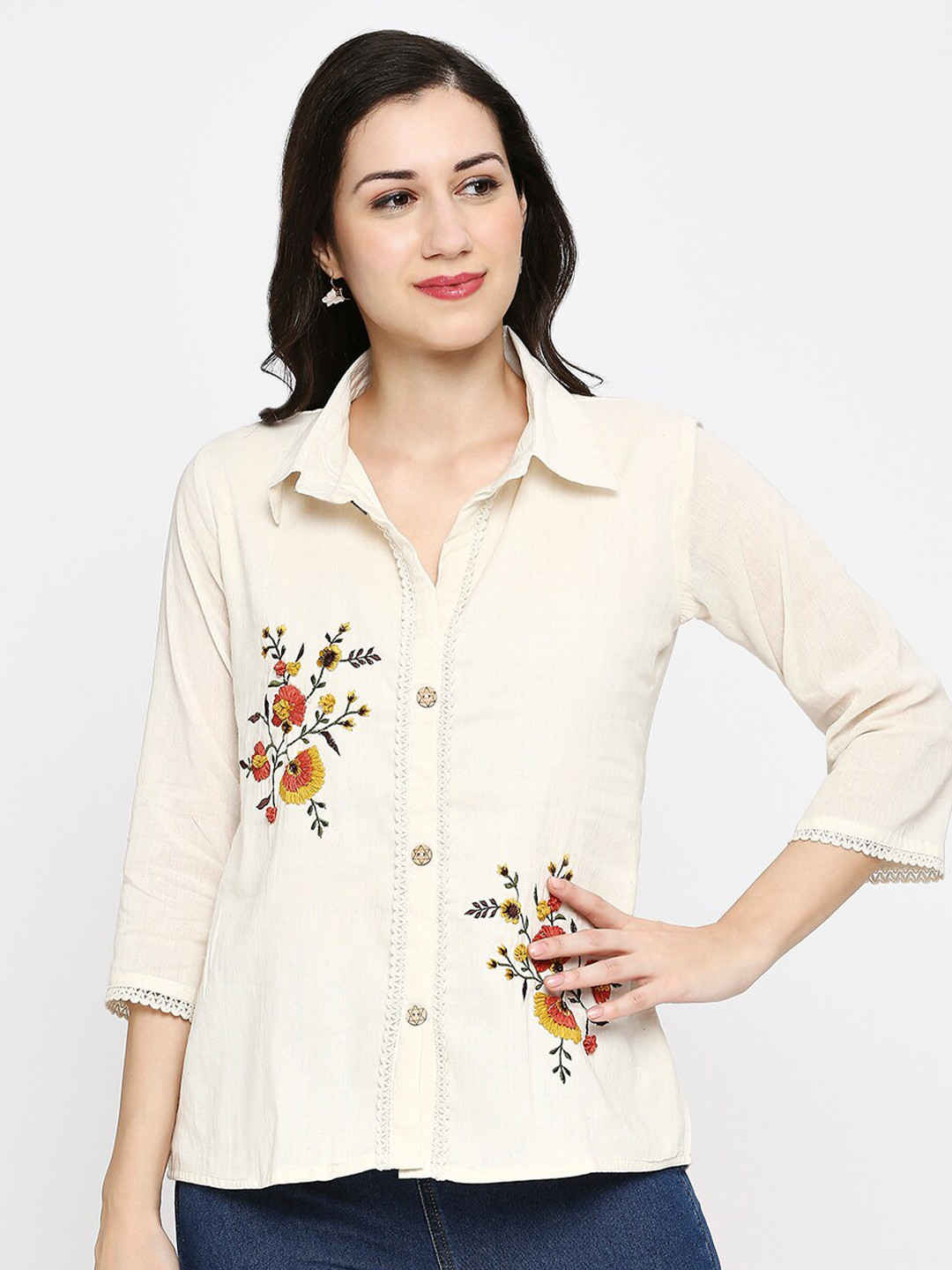 

KALINI Floral Embroidered Cotton Shirt Style Top, White