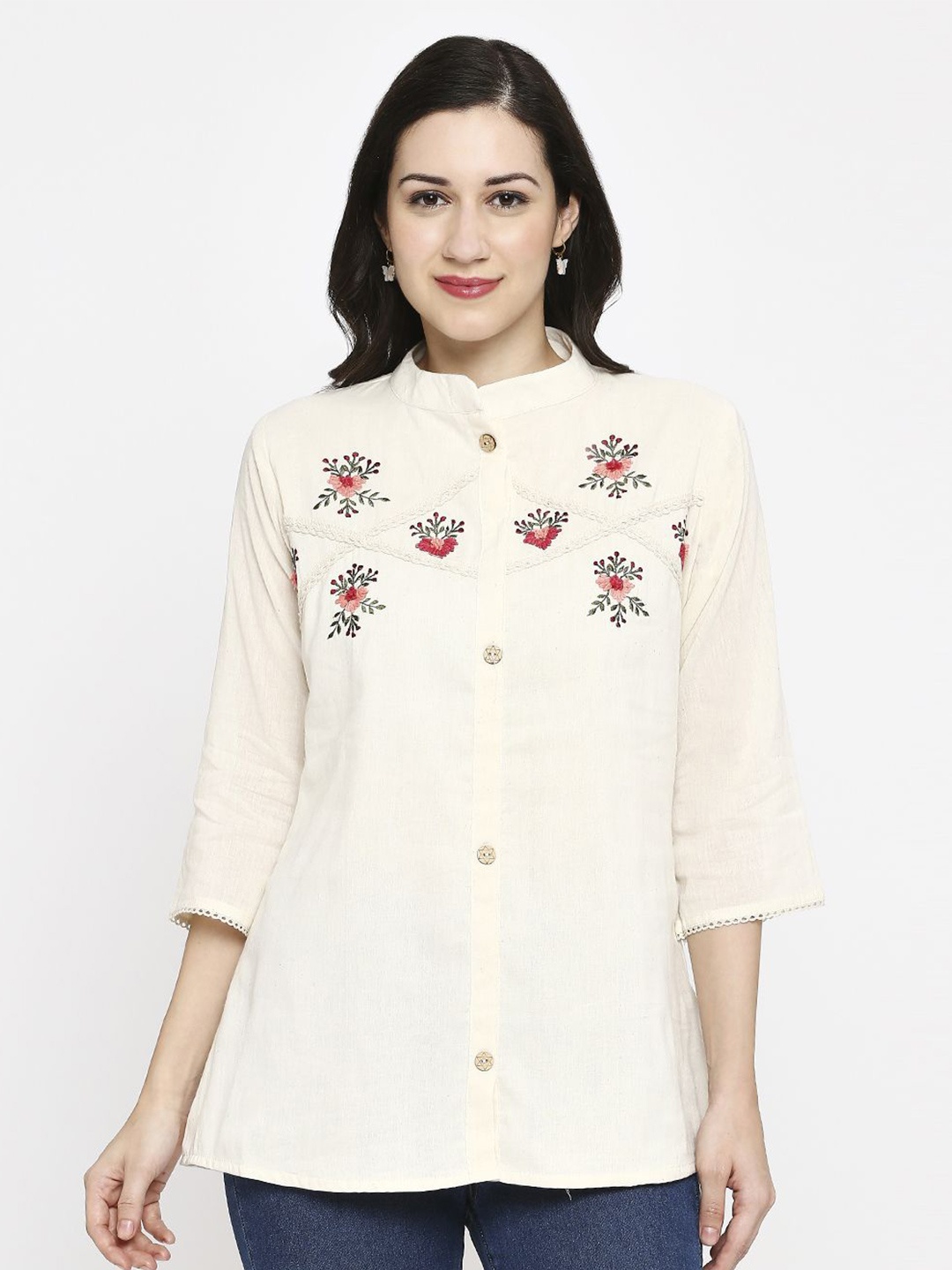 

KALINI Floral Embroidered Mandarin Collar Cotton Shirt Style Top, White
