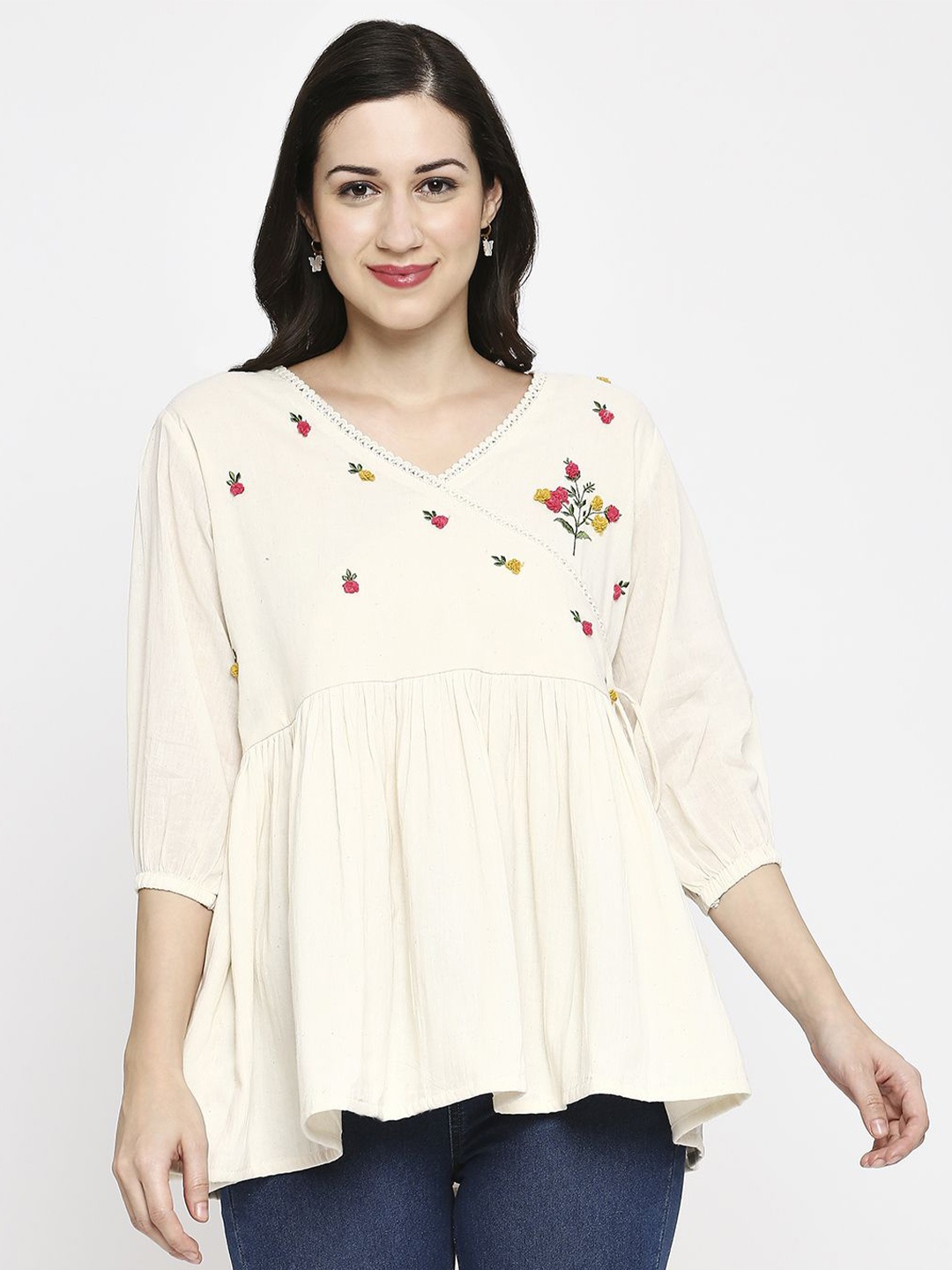 

KALINI Floral Embroidered Cotton Empire Longline Top, White