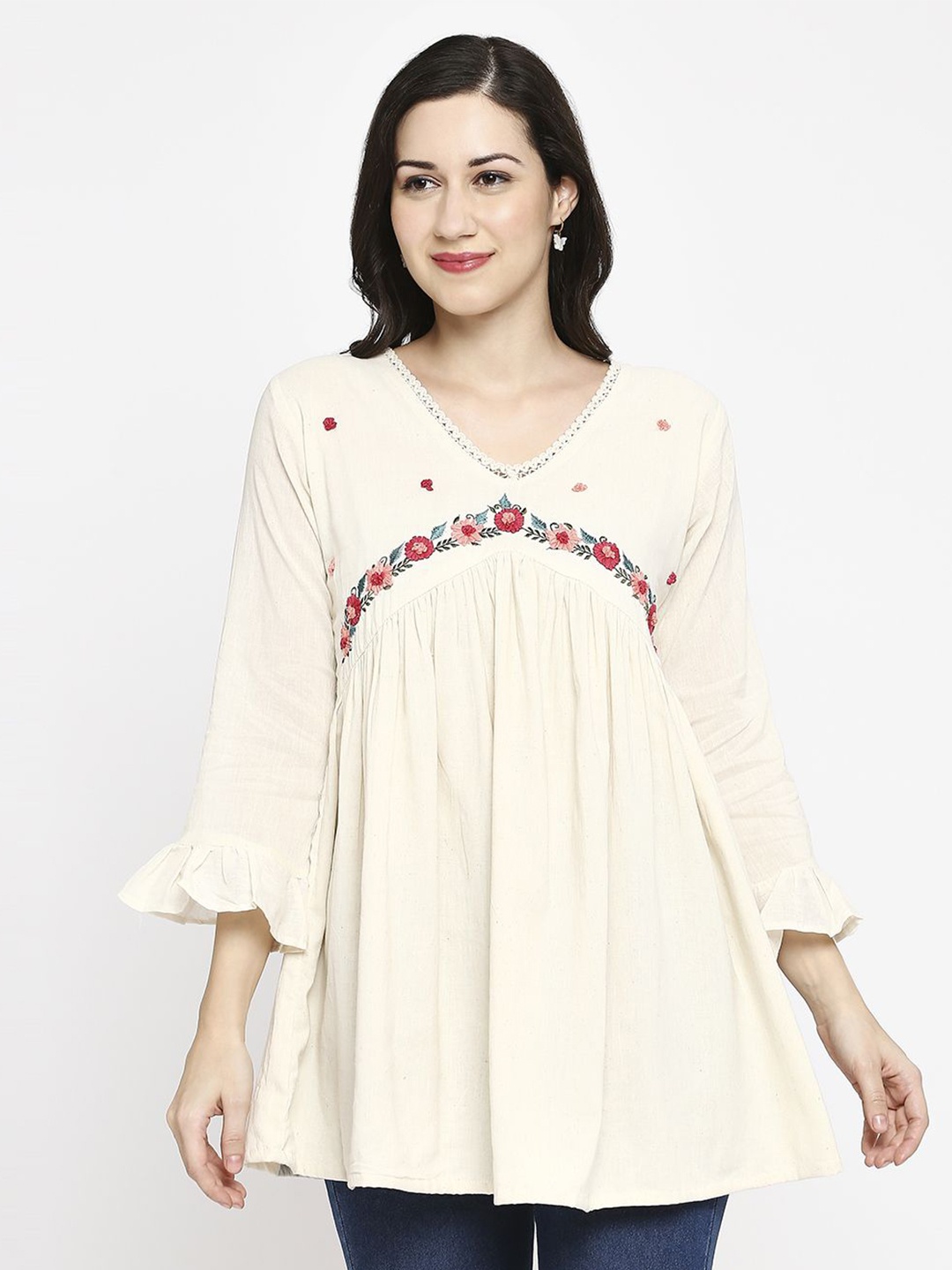 

KALINI Floral Embroidered Empire Cotton Top, White
