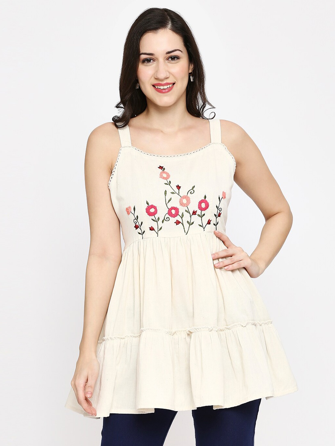 

KALINI Floral Embroidered Tiered Cotton Longline Top, White