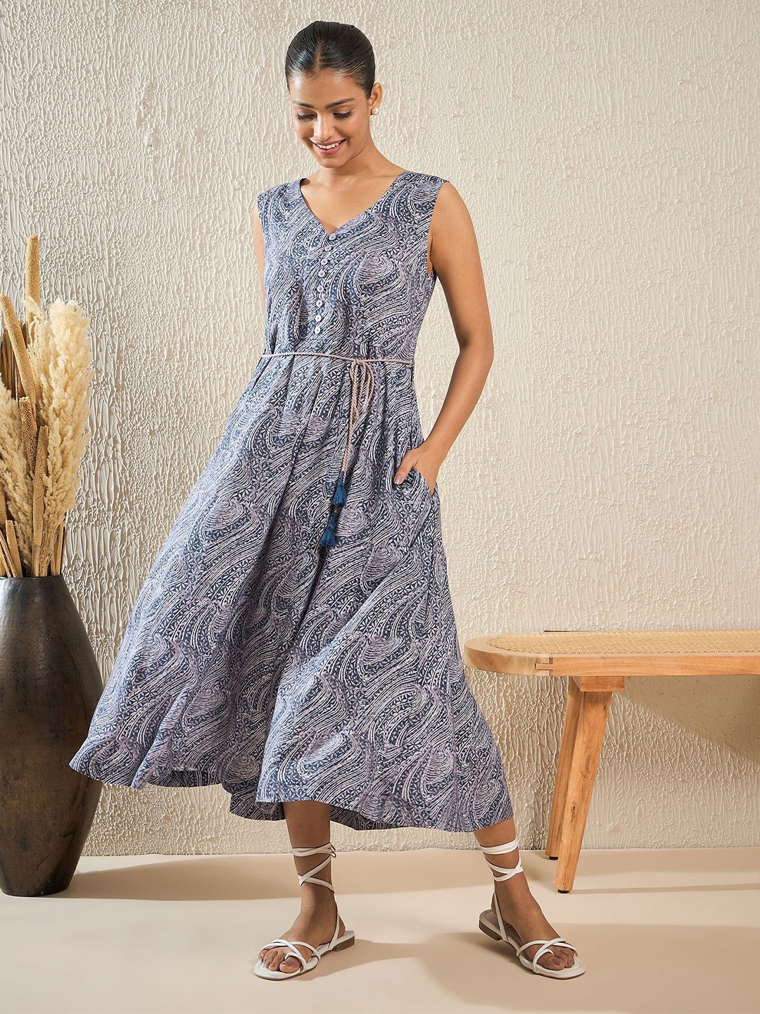 

STADO Floral Printed Cotton Midi A-Line Dress, Grey